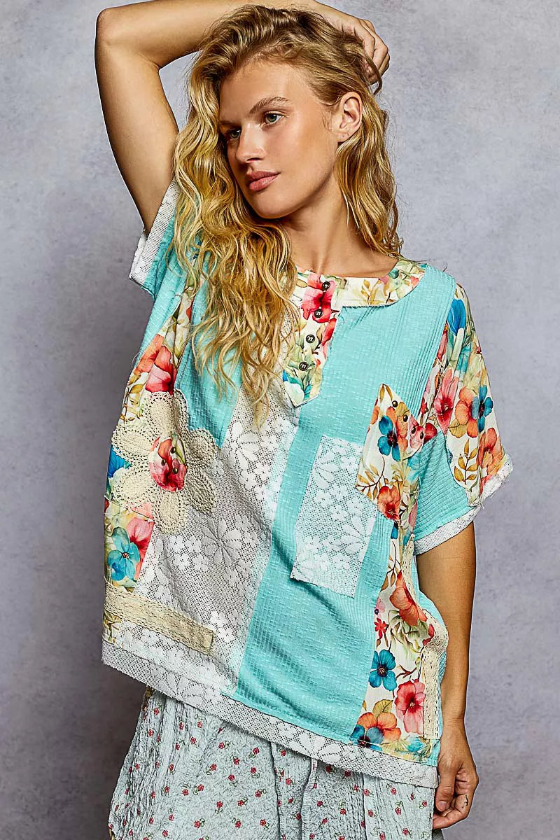 POL Lace Round Neck Short Sleeve Floral Pattern Top with Patch Detail
