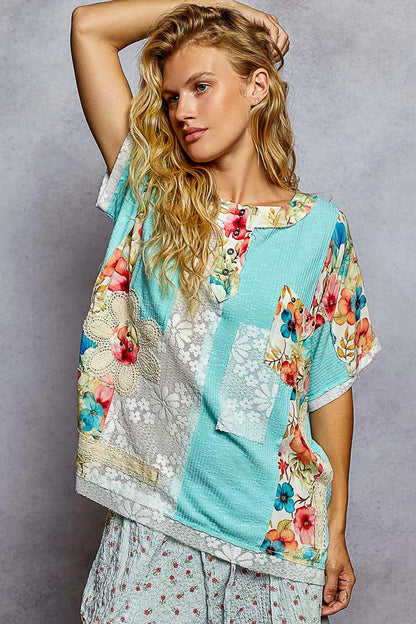 POL Lace Round Neck Short Sleeve Floral Pattern Top with Patch Detail