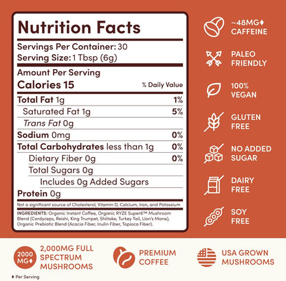 RYZE SUPERFOODS Mushroom Medium Roast Coffee Starter Kit, USDA Organic Instant Coffee with 6 Adaptogenic Mushrooms and for Energy, Focus, Digestion, Immunity with Lions Mane & Turkey Tail 30 Serving