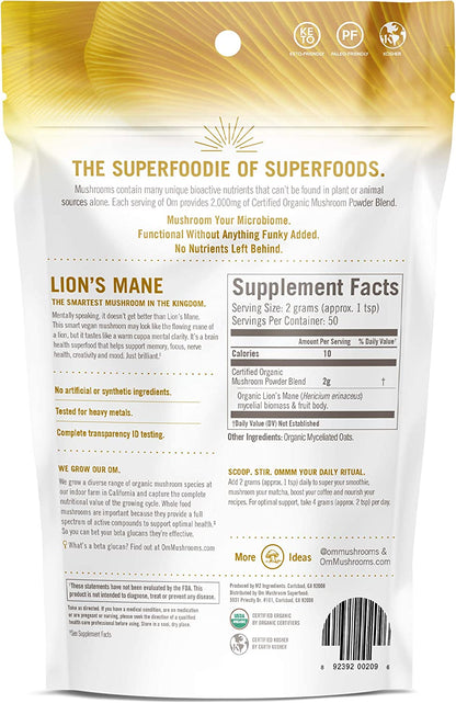 Om Mushroom Superfood Lion's Mane Organic Mushroom Powder 3.5 Oz