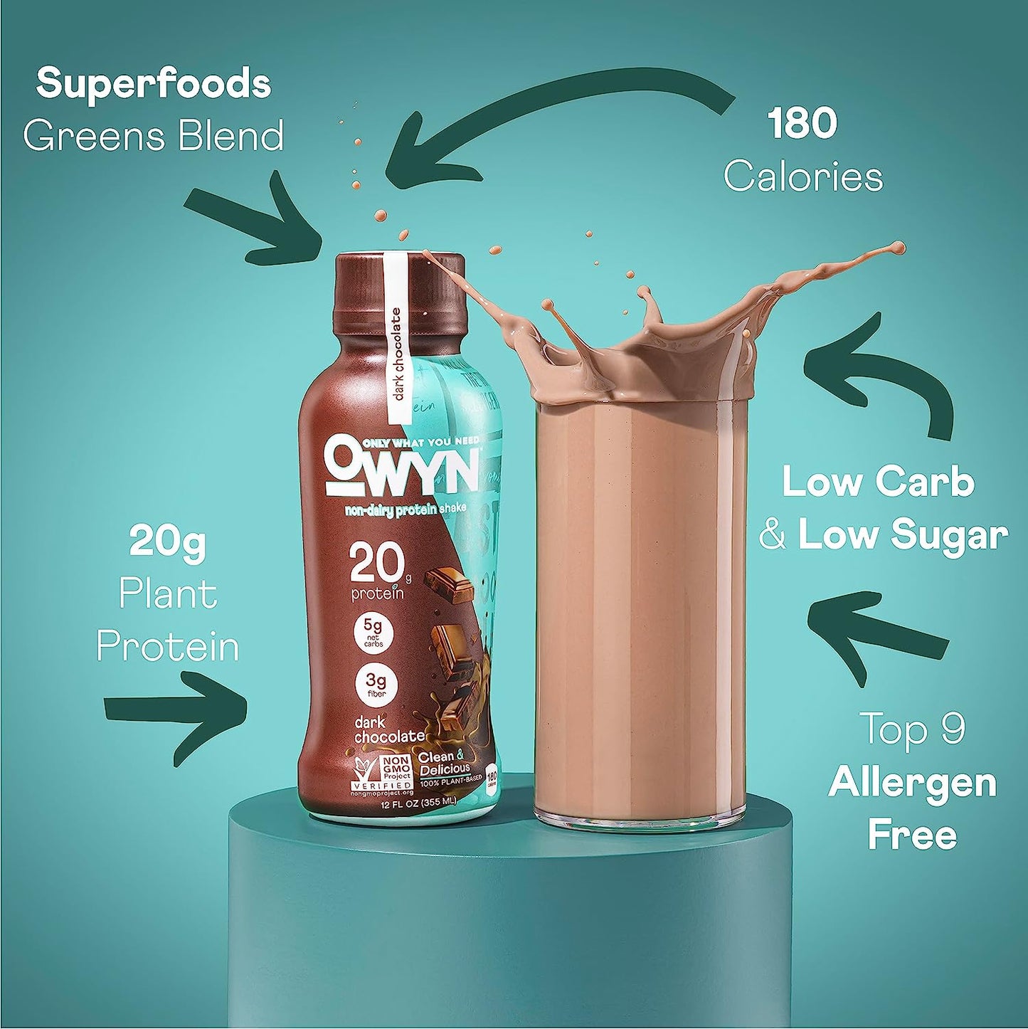 OWYN - Plant-Based Protein Shake - Dark Chocolate - 12 Fl Oz. (Pack of 12)
