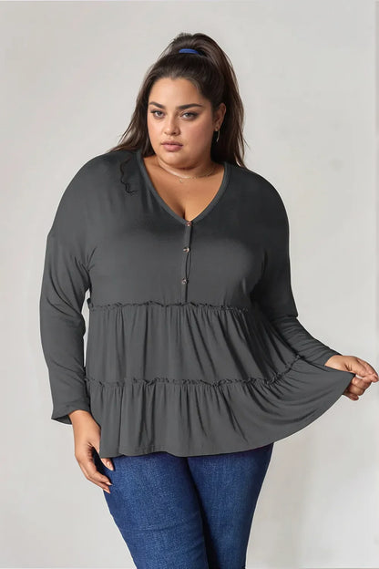 Double Take Half Button Long Sleeve Ruffle Hem Blouse