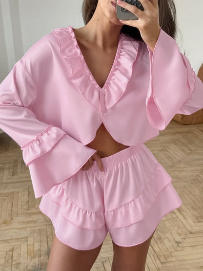 Ruffled V-Neck Top and Shorts Set