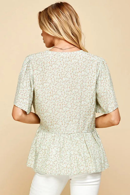 Lime 'N' Chili Ditsy Print V-Neck Short Sleeve Wrap Blouse
