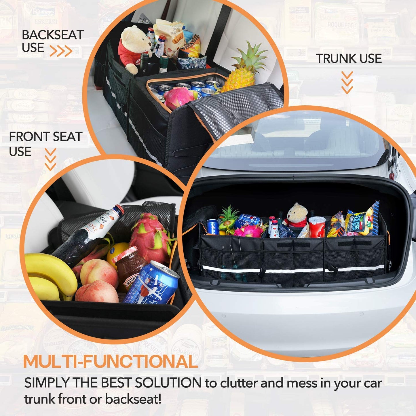 Large Trunk Organizer With Built-in Leakproof Cooler Bag, 2 Tie-Down Straps