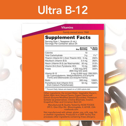 Now Foods Ultra B12 Liquid Complex - High-Potency Vitamin B12 Supplement for Energy and Nerve Health - 4 fl oz