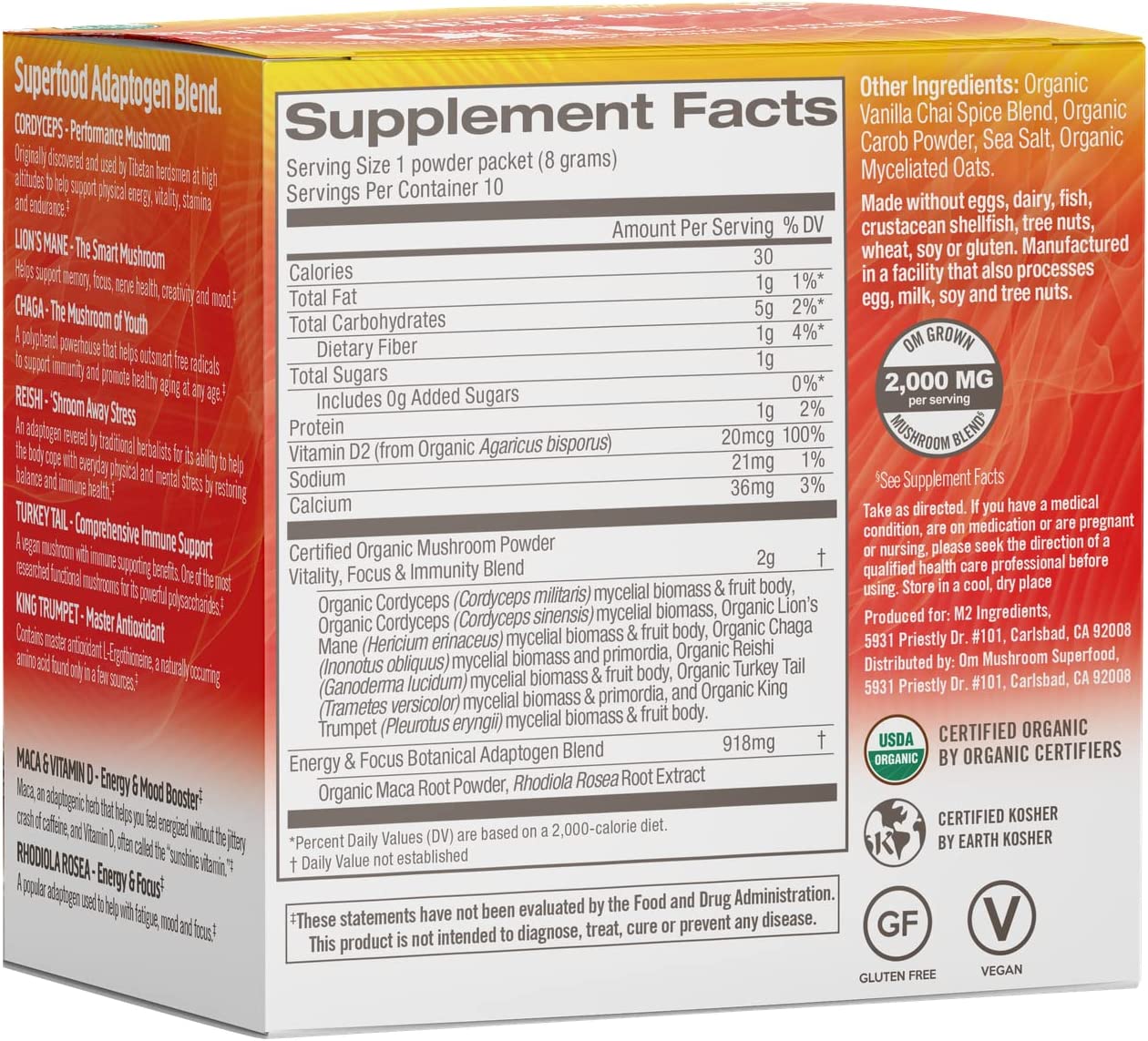 Om Mushroom Superfood Morning Energy Blend Mushroom Powder Drink (Pack of 10 - 0.28oz)