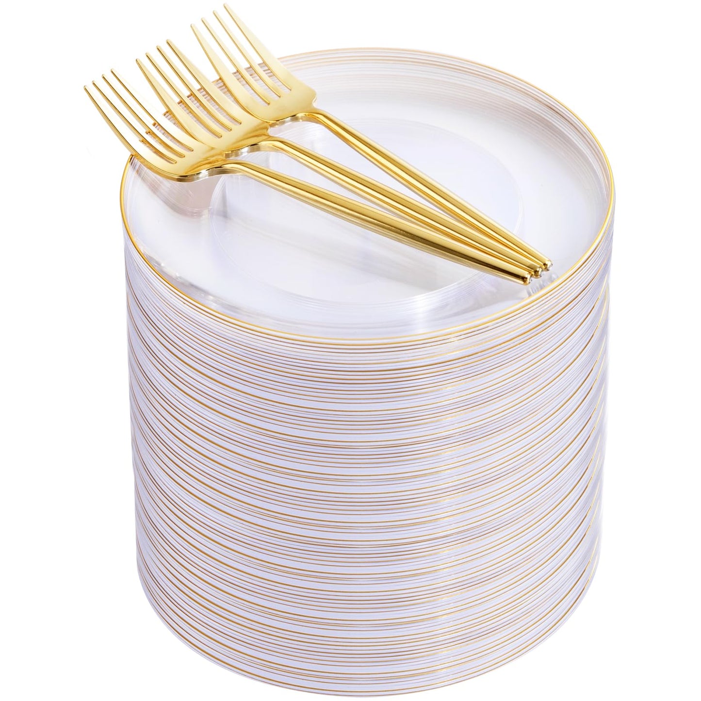 100 Clear Gold Dessert Plates with Plastic Gold Forks Cake Plates Disposable for Wedding