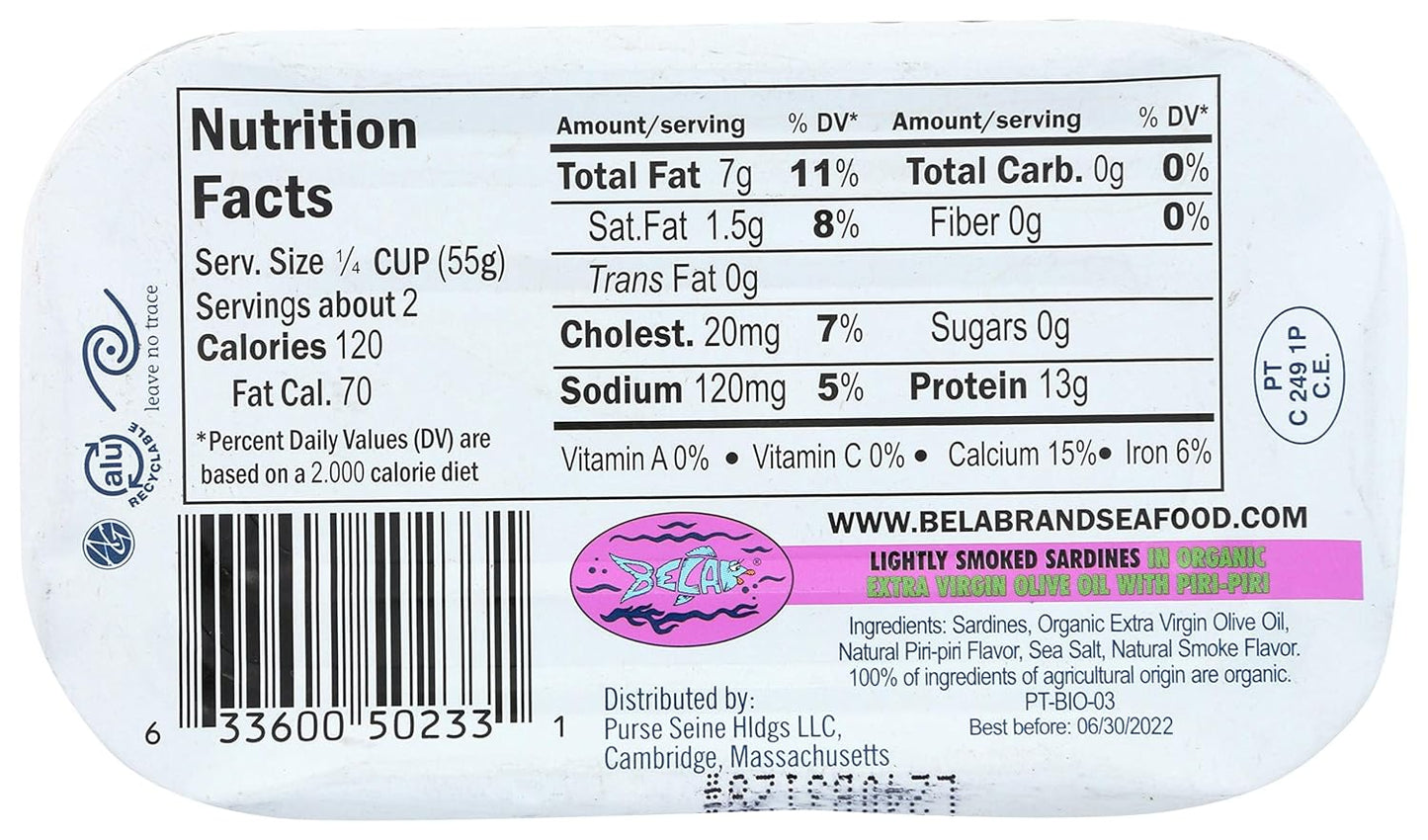 Bela-olhao Smoked Sardines in Piri Piri Sauce, (Pack of 12) 4.23 Oz