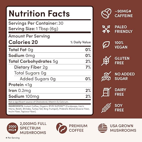 RYZE SUPERFOODS Mushroom Coffee Dark Roast, 6 Adaptogenic Mushrooms & Prebiotic Blend, Instant Coffee Supports Energy, Focus, Digestion & Immunity, Lions Mane & Turkey Tail, 30 Servings.