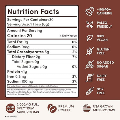 RYZE SUPERFOODS Mushroom Coffee Dark Roast, 6 Adaptogenic Mushrooms & Prebiotic Blend, Instant Coffee Supports Energy, Focus, Digestion & Immunity, Lions Mane & Turkey Tail, 30 Servings.