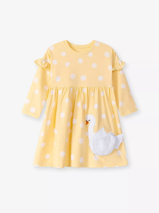 Children's Swan Applique Polka Dot Ruffle Sleeve Dress