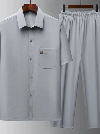 Men's Full Size Button Up Short Sleeve Top and Pants Set Plus Size