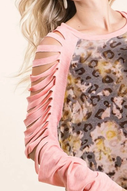 BiBi Tie Dye Leopard Burn Out Top with Contrast
