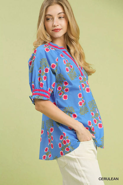 Umgee Floral V-Neck Puff Sleeve Top
