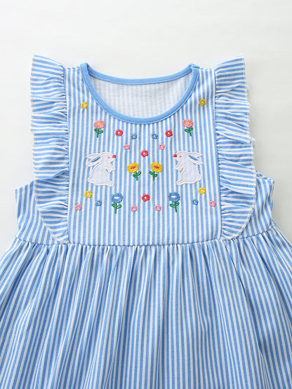 Children's Striped Bunny Embroidered Ruffle Sleeve Dress
