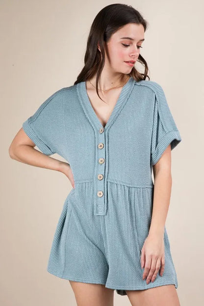 VERY J Two Tone Ribbed Knit Comfy Casual Romper