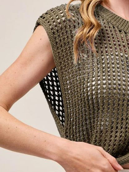 SO ME Big Metal Button Front Openwork Sweater Vest