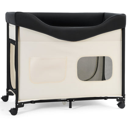 Elevated Lounge Pet Bed, Foldable Bunk Dog Bed With 600D Oxford Cloth And Dutch Velvet, Portable Raised Cot With Wheels, Side Storage Bags, And Carry Bag For Cats & Dogs, XL, Beige