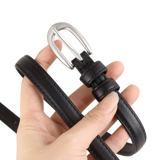 Leather Skinny Belt with Silver Buckle
