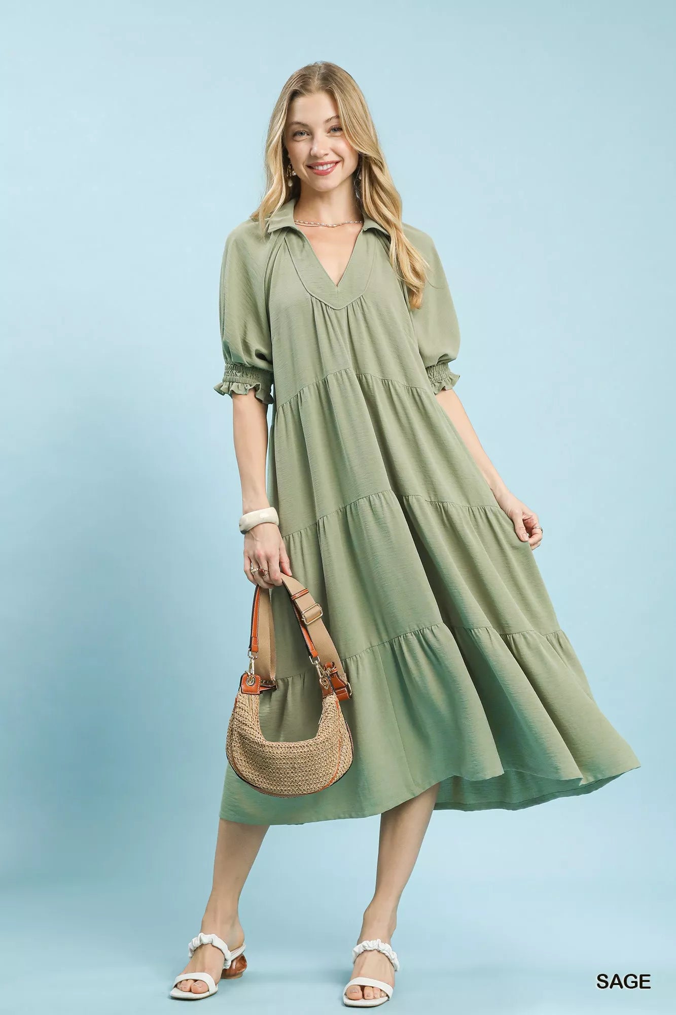 Umgee Solid Tiered Midi Dress