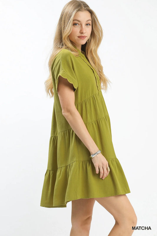 Umgee Linen Mini Dress with Scallop Trim