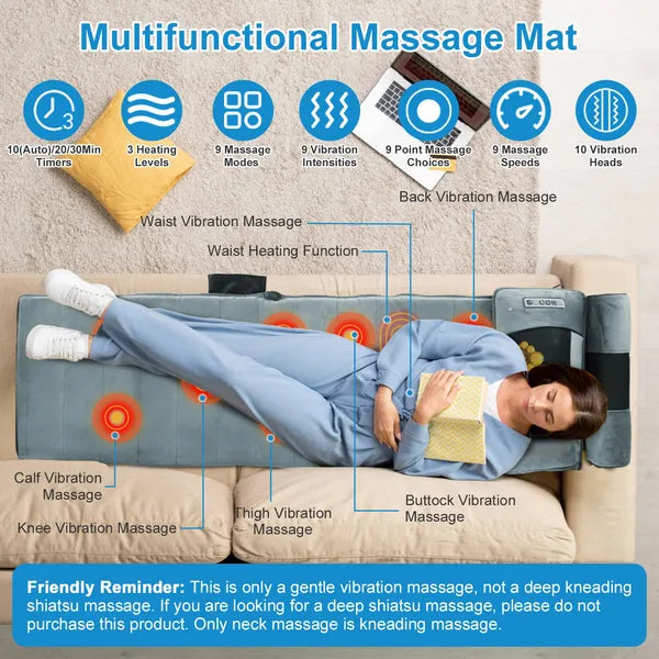 Vibration Massage Mat Full Body & Neck Kneading Massager - 20 Nodes, 3 Massage Modes&Speeds, 9 Vibration Settings, 3-Level Lumbar Heat, Inflatable Waist Pillow - Perfect Gift For Family