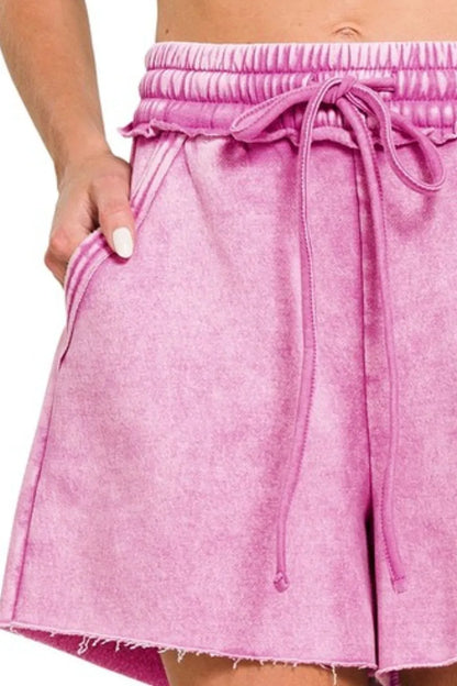 Zenana Acid Wash Fleece Drawstring Shorts With Pockets