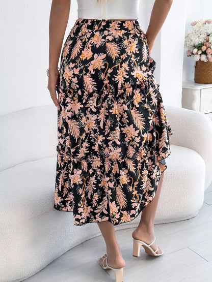 Floral Print Ruffle Hem Flowy Midi Skirt