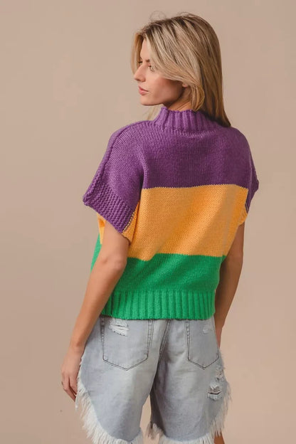 BiBi Mardi Gras Color Block Drop Shoulder Sweater Top