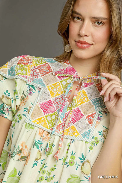 Umgee Floral Print Tie Neck Puff Sleeve Dress