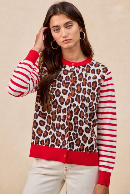BiBi Leopard With Stripe Combo Buttoned Cardigan