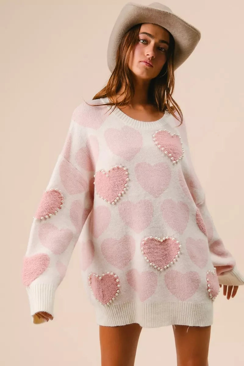BiBi Heart Pattern Sweater with Pearl Detail