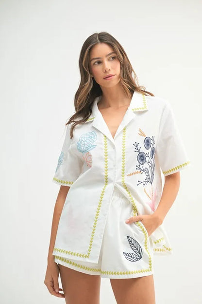 MABLE Embroidered Button Down Shirt and Shorts Set