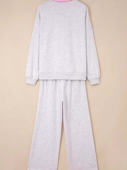 Contrasted Trim Frilled Collar Drop Shoulder Top and Drawstring Pant Set