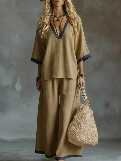 Contrast Trim V-Neck Top and Pants Set