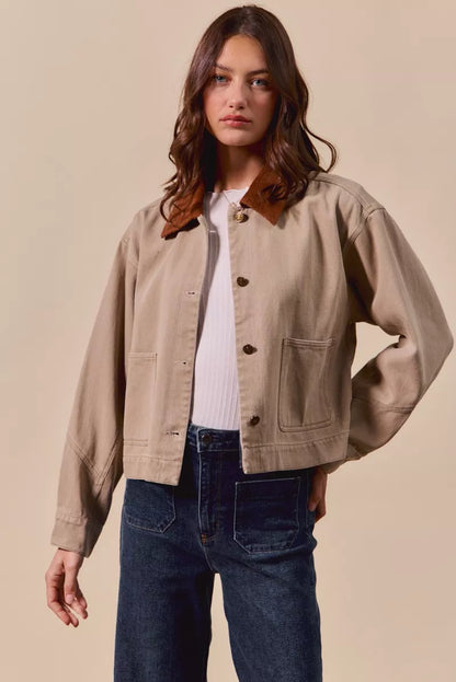 SO ME Cotton Twill Cropped Barn Jacket wtih Collar