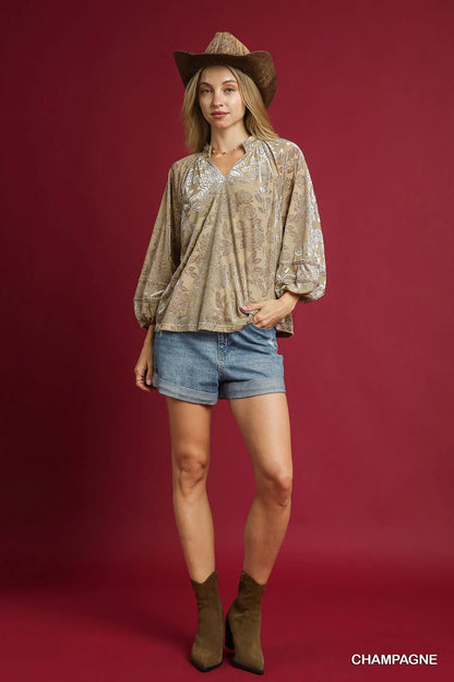 Umgee Floral Velvet Blouse with Balloon Sleeves