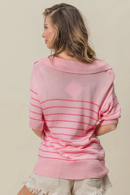 BiBi Stripe Short Sleeves Collared V Neck Top