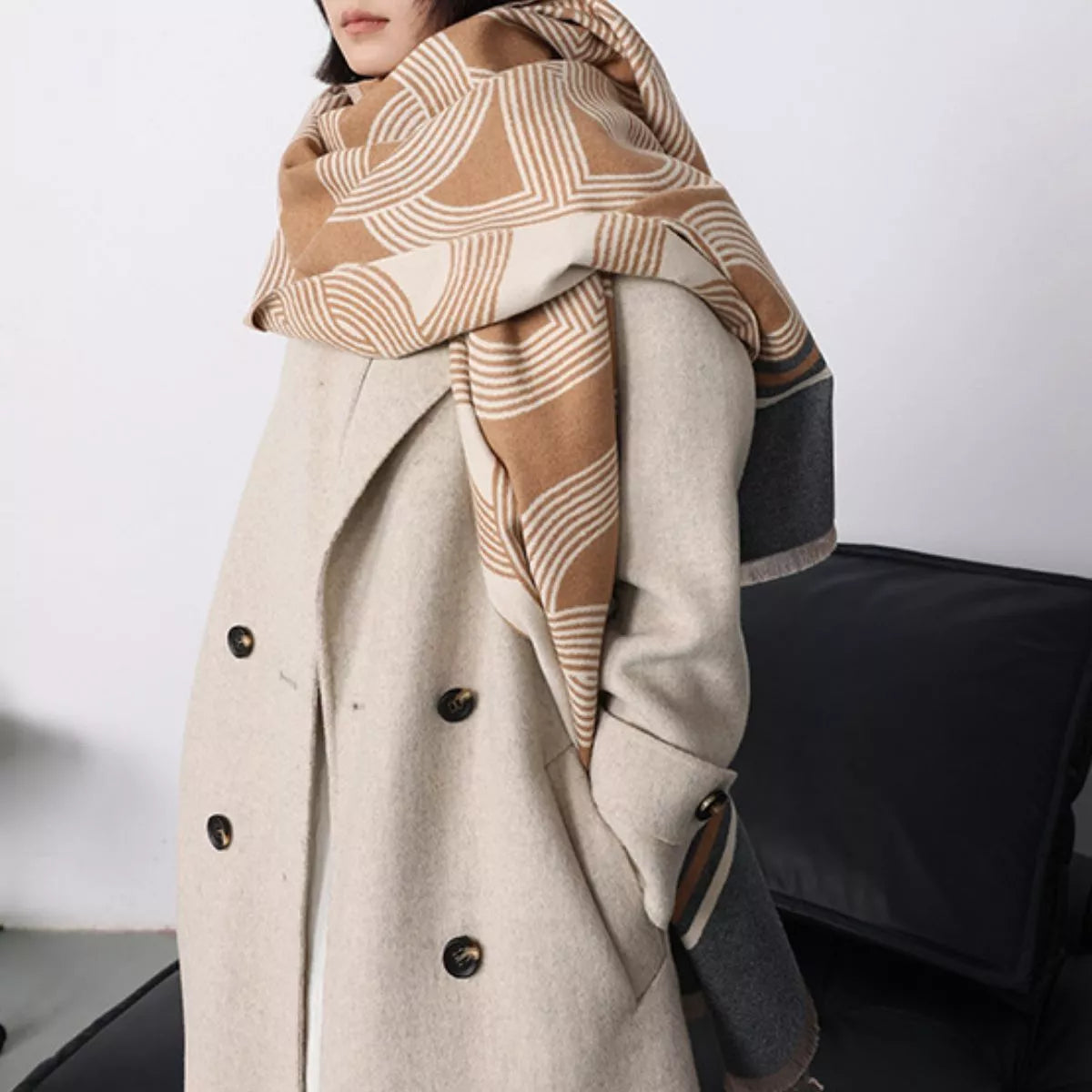 Geometric Pattern Raw Hem Scarf