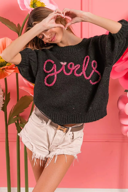 BiBi Metallic Letter Short Puff Sleeve Hairy Sweater