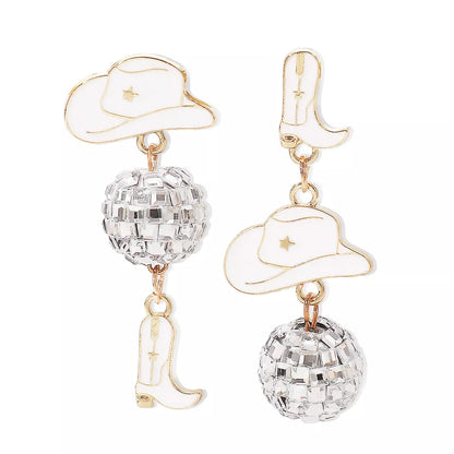 Asymmetrical Cowgirl Boot Hat Ball Dangle Earrings