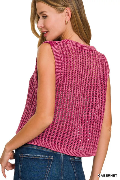 Zenana Acid Washed Fishnet Sweater Vest