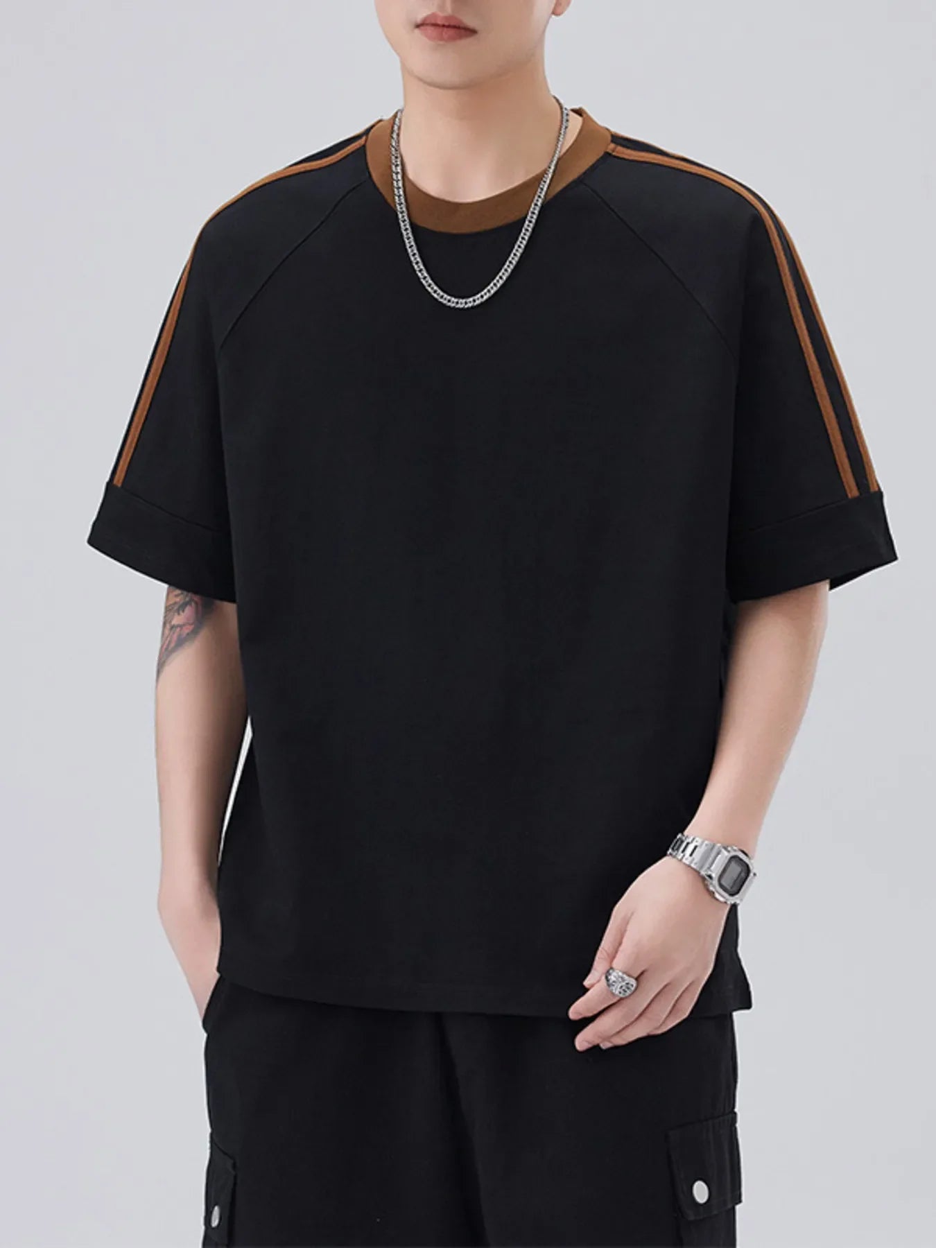 Men's Plus Size Striped Trim Casual T-Shirt