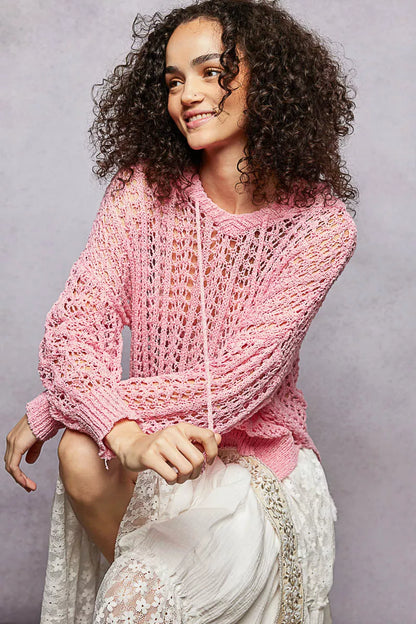 POL Openwork Round Neck High Low Knit Top