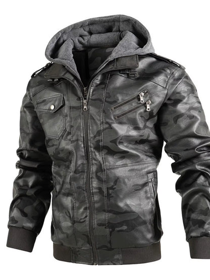 Men's Full Size Hooded Faux Leather Moto Jacket Plus Size
