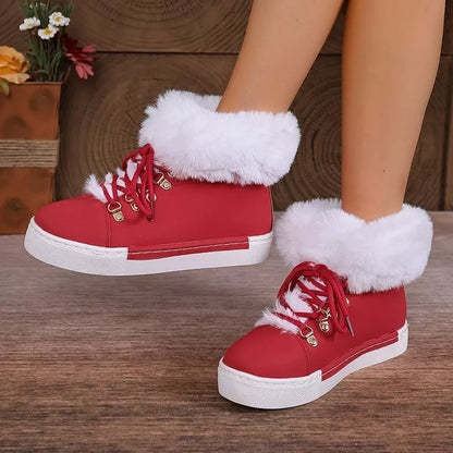 Fuzzy Trim Lace-Up Ankle Boots