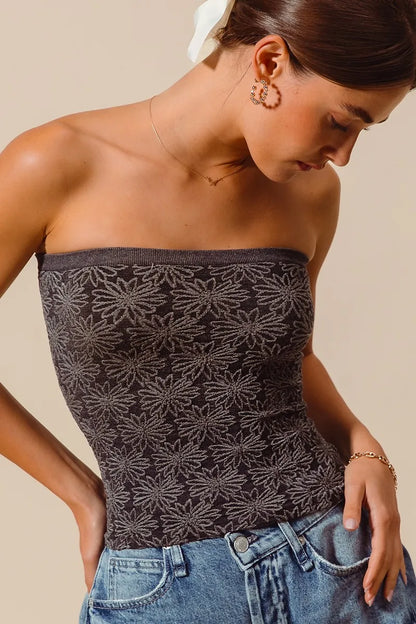 SO ME Jacquard Floral Two Tone Seamless Tube Top