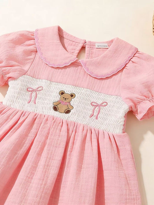 Children's Bear Embroidered Smocked Dress