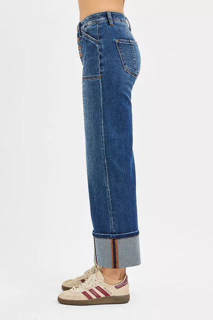 RISEN Full Size High Rise Crop Wide Straight Cuffed Jeans Plus Size